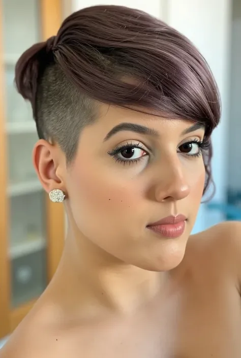 realistic image of a woman with a pixie undercut haircut, looking at the viewer
