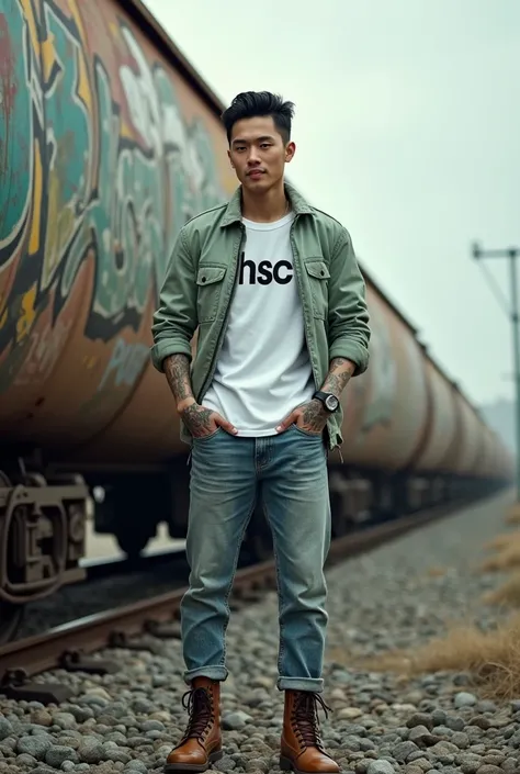 A Korean man with slickback hair and tattoos on his arms confidently stands next to a long train covered in graffiti on the railroad tracks, wearing a light green jacket, a white T-shirt with the "HSC" logo, jeans, and brown leather boots. He puts one hand...