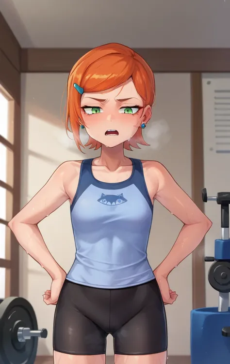 score_9,score_8_up,score_7_up,source_cartoon BREAK GwenSDXL,1girl,short hair, hair ornament, green eyes, earrings, hairclip, orange hair, swept bangs, cowboy shot,room, gym background, dark blue tanktop, black bike shorts, tight shorts, sweaty, exhuasted, ...