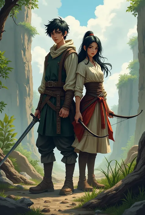  A book cover featuring a handsome young man , tall with black hair not in a ponytail with a sword and a pretty girl with long black hair in a tall ponytail with a bow in her hand , in the background there is debris of war and nature , wearing comfortable ...