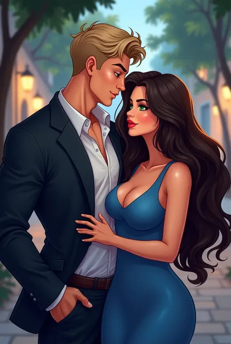  High quality book cover , cartoon romance book .  Beautiful sensual and passionate couple , lovers. Hes a beautiful man,  with muscles , light and short hair ,  green eyes. Do you wear a dark suit.  She is a beautiful woman with dark and long hair and a r...