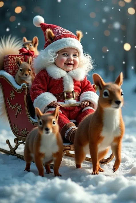 "  Ultra-realistic image of a Santa Claus sleigh   ,  drawn by seven squirrels instead of traditional reindeer  .   Each squirrel is incredibly detailed ,  with soft textured wool and various colors ,  which creates a charming picture  .   The sleigh is ri...