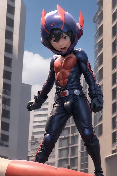  a boy with devilish wings is wearing a hero suit, Expressing pain by opening his mouth wide ,A large amount汗とよだれ, Semen dripping from a huge erect penis ,Showing strength ,  Trained body like a bodybuilder ,A large amount ,Orgy, masturbates, a navy blue h...