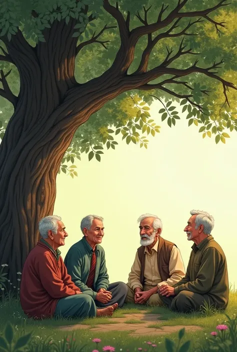 Old People of a community are sitting under a tree and having a meeting. Realistic  size 9:16