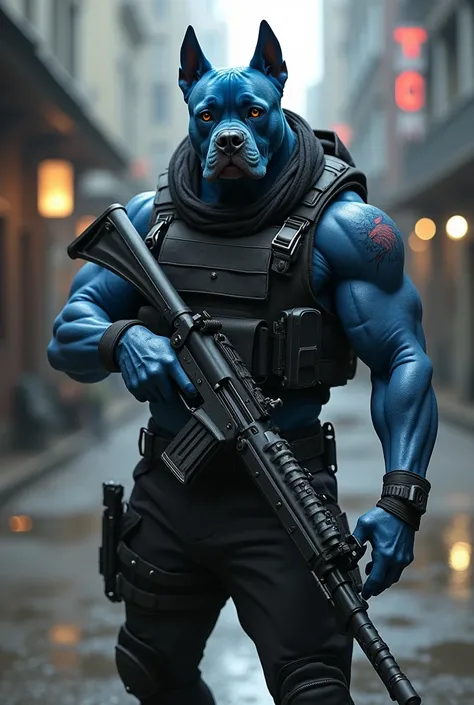 A blue boxer dog, black garment,  bulletproof vest, Realistic sub, carrying a gun AK47 , tattoo of a rooster on the hand.