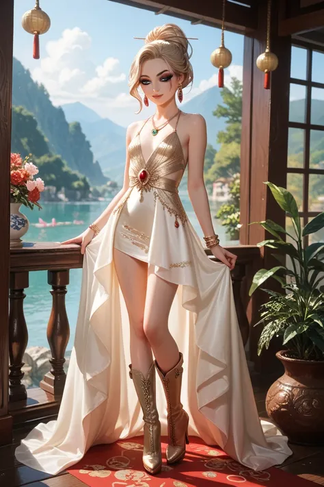  20 years old Japanese woman, Natural Makeup, blond hair up to shoulder ,Mr.々Dress made of such material ,silk,Lace embroidery,leather,gem,  bracelet , pendant, earrings, Intricate Designs , dynamic and visually appealing look, bright color, miniskirt, thi...