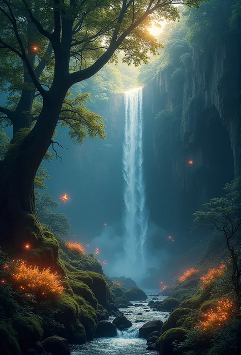 big cliff and mysterious magic forest filled with ancient trees, glowing light magics flowers in full bloom, light power above, waterfall, a lot of glowing firefly, glowing butterfly, stream bottom, and full of magic sparkling light appear on tree and flow...