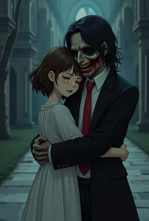  Create an image with the following characteristics : Human girl with short brown hair , chubby,  pale and wearing a white dress with sleeves crying and hugging a zombie boy with long black hair with a bloody face and rotten teeth who wears an elegant blac...