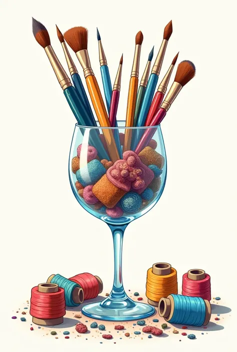 A wine glass filled with  arts and craft supplies. No background. anime style.