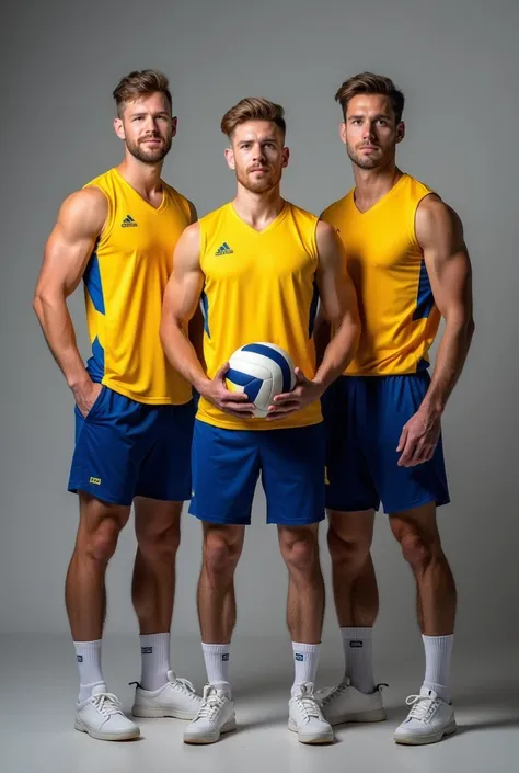 Three Handsome Åland Islands Guys, Athlete, Volleyball Player, Photoshoot, at grey studio background, holding a ball, ultra hd, detailed face, detailed skin, detailed hair, highly detailed, wear Åland Islands official Volleyball jersey, Standing Full Body