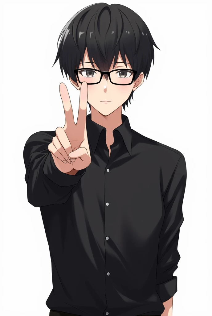 

"A focused depiction of a young person with short black hair and black glasses, wearing a neatly pressed black button-up shirt. The individual is positioned against a plain white background, holding their finger with fingers extended in a clear no or nev...