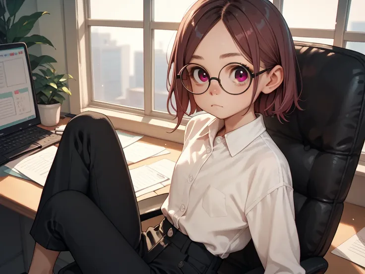 kobayashi from kobayashi san chi,brown eye,round face,glasses.skinny,shot hair,looking at viewer,sit on chair,office,flat breast,white shirt,black pants,