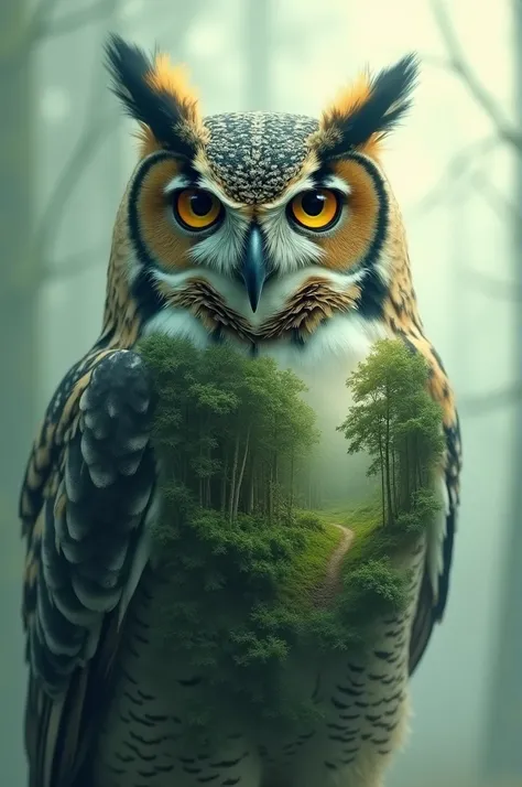 Continue editing the last image I ordered and edit that half of the owls body, counting the wings, begins to degrade and shows a forest only inside the owls body 