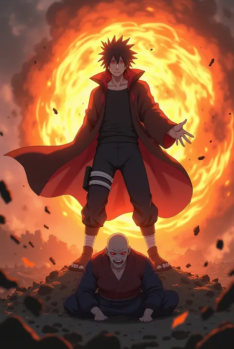 Dark haired anime uchiha in black hoodie red eyes gleaming through smoke with shoulder length spiky hair standing  victoriously  above his opponent he roars menacingly while throwing massive fire balls  at a bald opponent who is pleading for his life  


B...