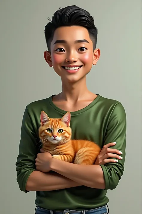 Photorealism , 1solo An 18 year old Indonesian man with a Round smiling face looking forward ,thin and short body wearing Shine green , an Orange Cat pictures of  batik with haircut (short slicked back) ,jeans, , Hyper realistic detailed images, soft smoot...