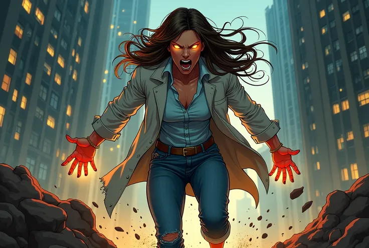 Dynamic comic-style art image of a scientific beast and very muscular, Dr..  Jennifer Marie Evans ,  with long brown hair flowing wildly , Illuminated yellow eyes,  fair skin and black nails . Hes wearing a torn lab coat with frayed sleeves., a formal ligh...