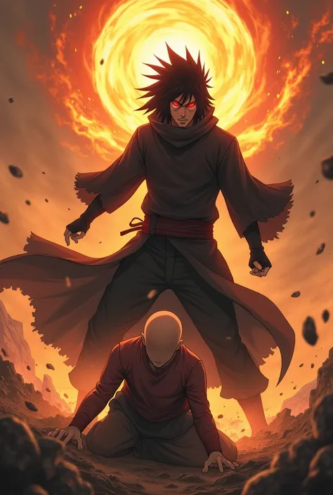 Dark haired anime uchiha in black hoodie,fingerless gloves red eyes gleaming through smoke with shoulder length spiky hair standing  victoriously  above his opponent he roars menacingly while throwing massive fire balls  at a bald opponent who has his hand...