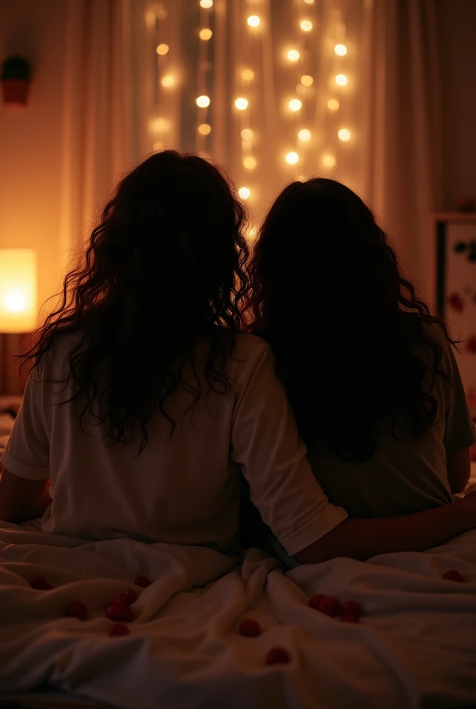 I want an image of a movie night with a couple ,  to see a few candies and the girl with curly hair a little dark,  in a dim light and the image can be seen from the back of the afternoon of the couple .
