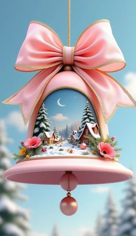 The 3D realistic image shows a delicate baby pink bell with a giant tulle bow with matching gold trim, adorned with vibrant and delicate flowers. Inside the bell, there is a painting of an idyllic winter village: houses with white roofs covered in snow, Ch...