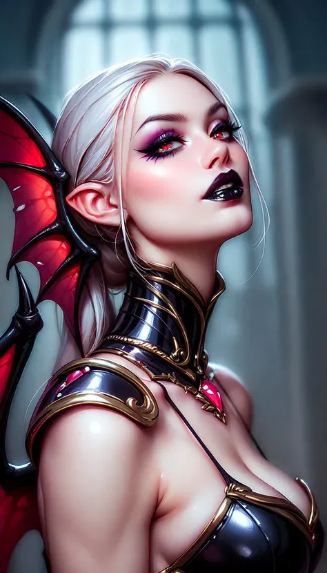 Diabolical creature. Seductive Dark angel. Dark Makeup, Dark Lipstick. pale white skin. unhealthy appearance. dnd character.  dnd. Lilith Armor, Succubus Armor