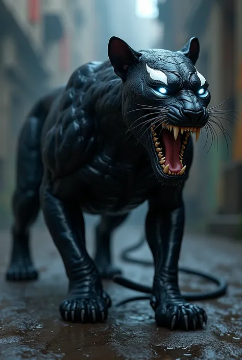 Giveme hybrid image of panther and venom in which face and white  eyes of venom