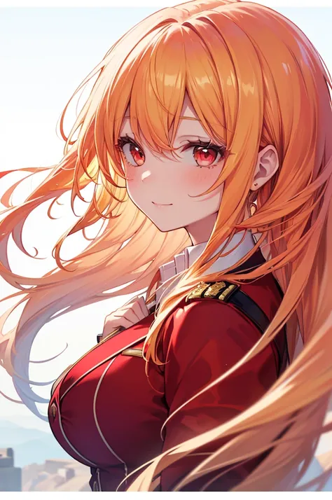 Masterpiece, ((1 girl)), ((Best Quality)), (Ultra-detailed), Highly detailed, (Portrait), ((Big breasts)), ((Very Long Hair, Yellow hair and Red hair, Red eyes)), ((20-years-old, Mature women)), ((White Skin)), (Full Red Military Blazer Outfit, Red Blazer,...