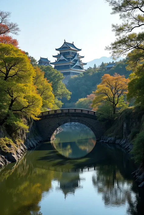 a view of a bridge over a river with a castle in the background, japan sightseeing, himeji rivendell garden of eden, aomori japan, japan deeper travel exploration, japan travel aesthetic, japanese temples, heroine japan vivid landscape, japan nature, japan...