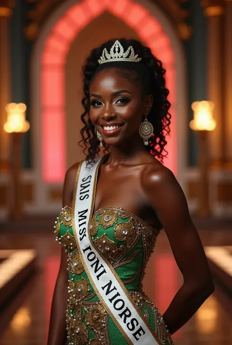 Create a profile picture near the portrait of Miss Nigeria at Miss Universe