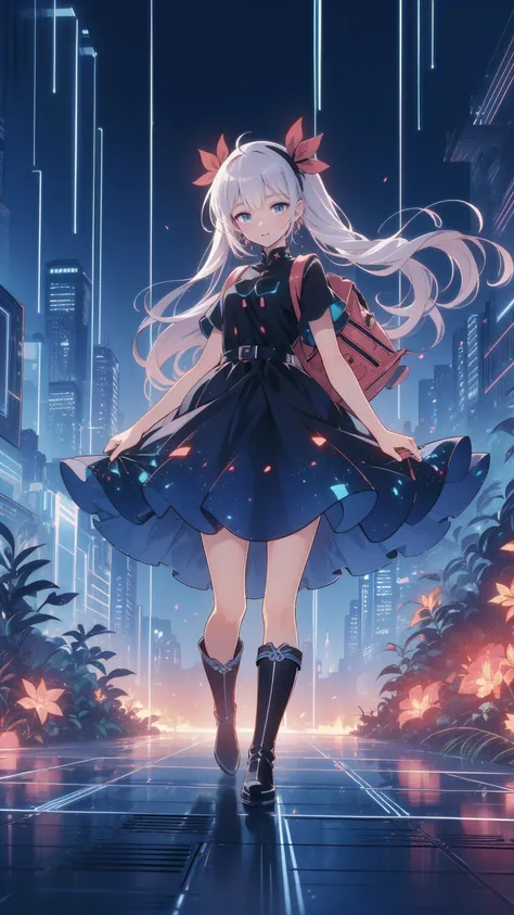  anime style  、story、、  beautiful girl、とてもcute天使、  red backpack 、cute、baby face、smile、  Long Skirt、Black long boots、Very cute headband、Very cute dress
