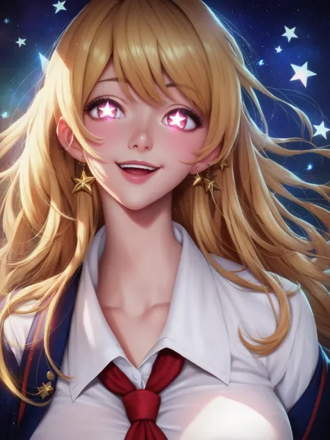 1 girl, hoshinoruby, solo, star pupils, long hair, one-sided view, blonde hair, big breasts, wearing a school uniform, smiling, score_9, score_8_up, score_7_up, score_6_up, anime, fizrotart, glowing eyes, (high quality, detailed, beautiful), shiny, beautif...