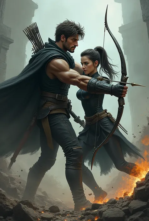 Image showing a handsome young man with black hair ,high,  green eyes and manly style with a sword in his hand and black war clothing attached to it and a girl with blue eyes ,beautiful.  with black hair in a tall ponytail and who carries a bow and arrows ...