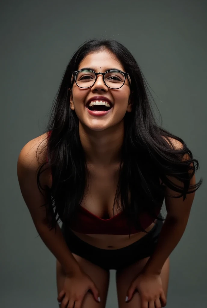 captured from above ,  an exuberant Indian woman with long, flowing hair leaning forward and looking up, downblouse , wearing glasses, Open her mouth as an expression of erotic climax , deep neckline,  thick thighs,  dark fantasy , hyper detailed,  Cinemat...