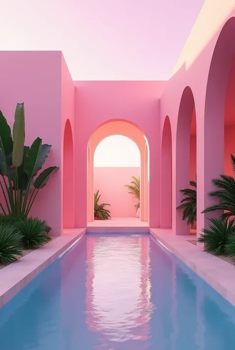 To recreate the first part (pink setting with the pool) in the image, here’s a detailed prompt:

"Generate a luxurious, vibrant pink-themed outdoor pool scene. The setting should feature a shallow, tranquil pool surrounded by sleek, modern architecture wit...