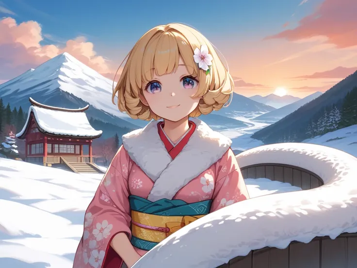 Mount Fuji、First sunrise of the year、Cranes fly in the sky 、 3 cute and  beautiful girls ride on A Cute White snake 、3 beautiful girls are round face、 and the eyes are big、Droopy eyes、short bob hair.blond hair. wearing a cute kimono 、 Kimono color are 
pin...