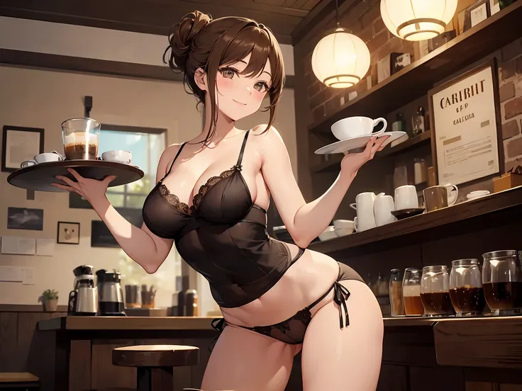 (masterpiece, best quality, high quality, ultra detailed, extremely detailed, ultra high res, best aesthetic, 8k),
(1woman), (Illustration of a female cafe owner in underwear), (show off underwear), (elaborately depicted womans underwear), ((brown panties,...