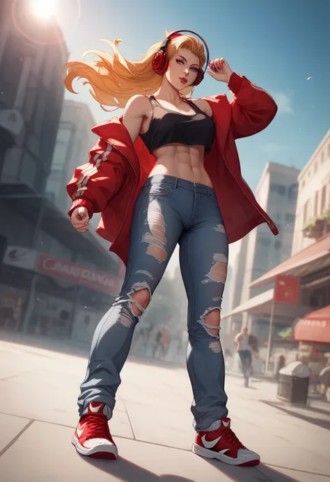 "A young woman black widow or natasha romanoff with an edgy and modern streetwear style stands confidently, shot from a low angle to highlight her strong presence. Her style reflects a free and bold spirit, with a long-sleeved black crop top that gives a m...