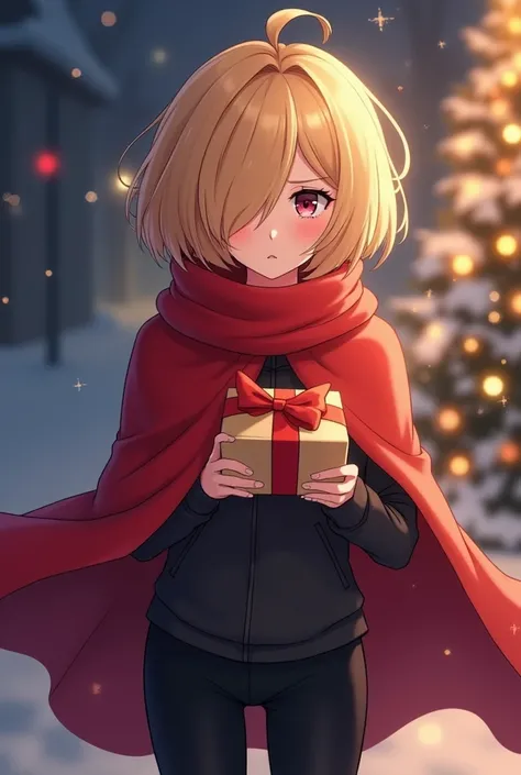 Beautiful cold 20 year old blonde girl,  with short hair  (hair covering his left eye ) black pants and red winter cape nervously clutching a gift they just gave her anime version