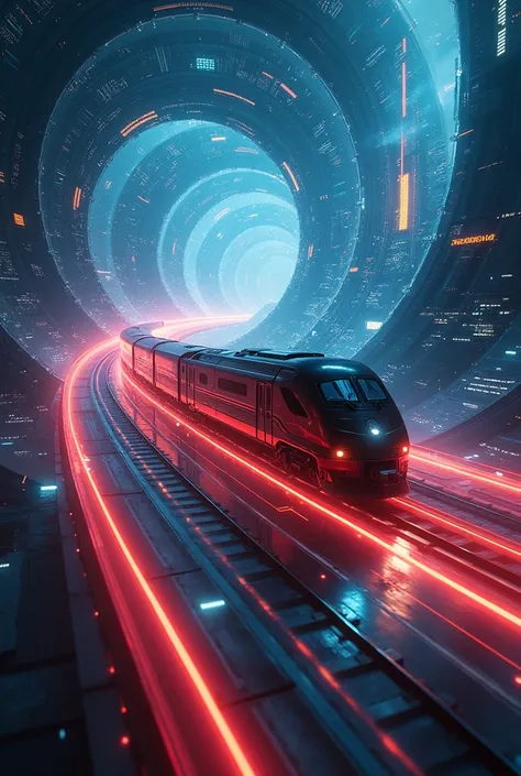 science-fiction, realistic. glowing shadow of cyber-punk train flying in the cosmic space very spirally and dynamically and breaking many layers of the dimension, with many beautiful light trails spiraling. many historical landmarks in the world are displa...