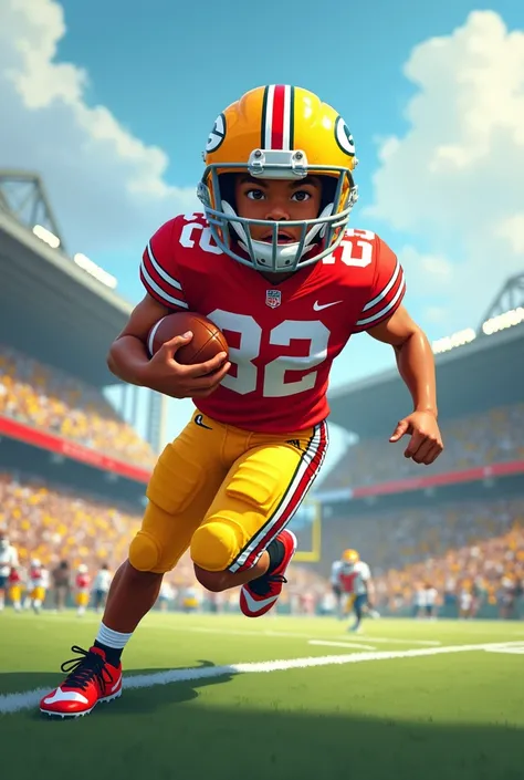 Um menino com uniforme de Ohio State Buckeyes jogando Futebol Americano com capacete do Green Bay Packers amarelo, com chuteira da Nike no lambeau field em desenho 