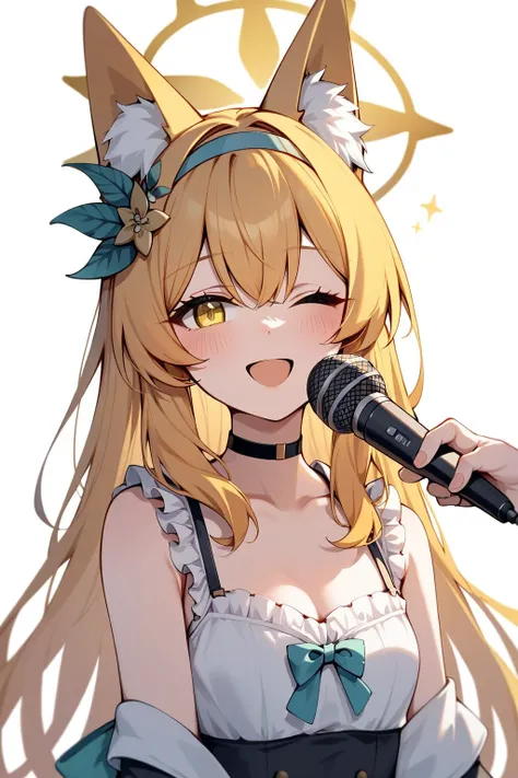 1girl,mari (idol) (blue archive),halo,solo,animal ears,yellow halo,one eye closed,microphone,mari (blue archive),long hair,holding,smile,animal ear fluff,blush,open mouth,white background,fox ears,holding microphone,simple background,alternate costume,look...