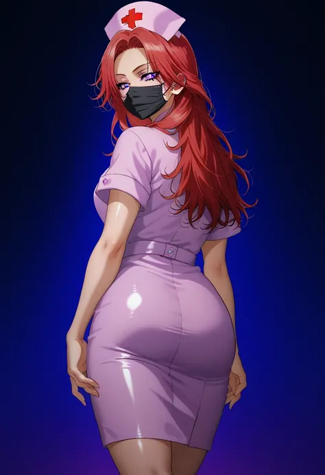 1girl, long hair,red hair,2D, cell shading, anime style, video game art, sharp lines, vibrant colors, retro style,RUKIA Style, from behind,shiny skin, medical face mask, purple nurse clothes, tight clothes,looking back,muture woman,clos up,half closes eyes...