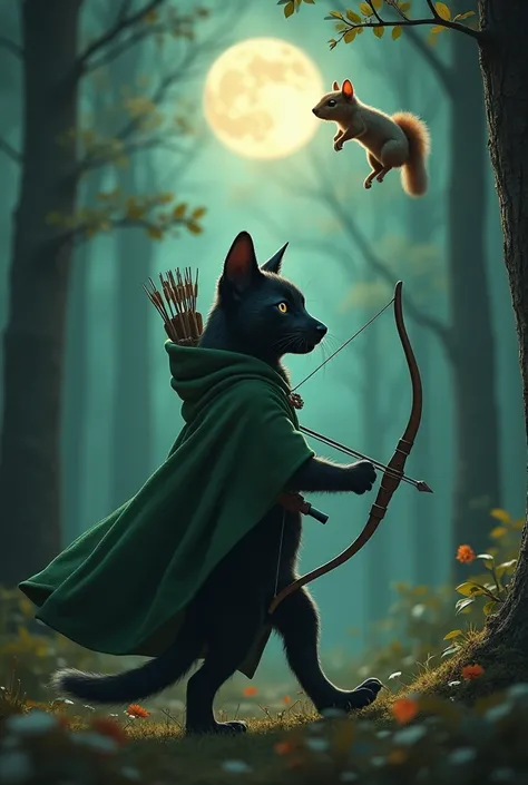 Homme chat avec le pelage noir et les babines blanche .dressed with a green ranger-style cape equipped with a hood that lets the ears through, He holds a bow in one hand and a quiver on his back. His nose is up. As he passes, a flying squirrel passes from ...