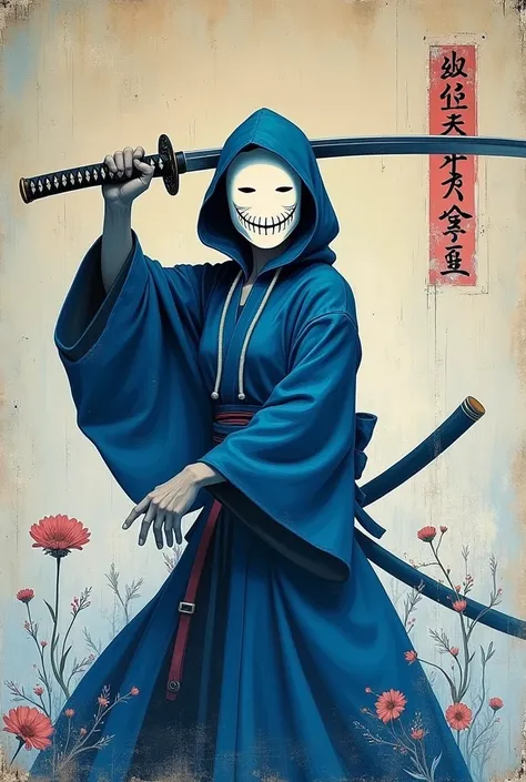 oil-painting with rough brush strokes on old vintage canvas, vintage, old, dusty, scratches, moody, grainy, minimalism, expressionism, surrealism, anime, white silhouette of a geisha samurai wearing a hoodie and porcelain no-face mask, wielding a katana ab...