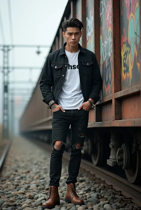 A handsome Korean man with slicked hair and tattoos on his arm confidently stands next to a long train strewn with graffiti on the railway tracks,  Wearing a torn black jacket , a white t-shirt with a logo  "HSC", jeans,  and brown leather boots  .  He pla...