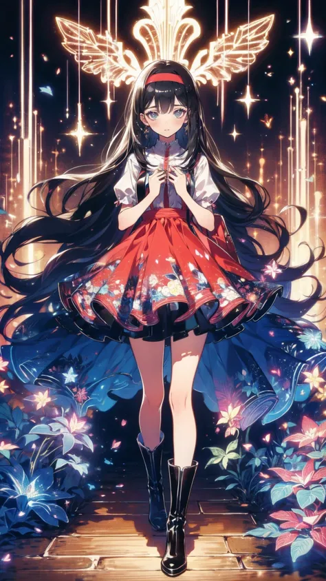  anime style  、story、、  beautiful girl、とてもcute天使、  red backpack 、cute、baby face、smile、  Long Skirt、Black long boots、Very cute headband、Very cute dress
