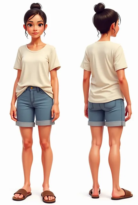 Full-body character sheet of a beautiful filipino , depicted from various angles (front view, side view, back view, and 3/4 view) against a plain white background. The  has vibrant, glossy skin with a proud, confident stance. The  wore a plain shirt and a ...