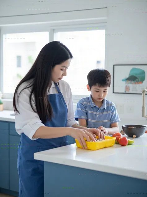 an Asian mother with long black hair wearing a blue apron is making a yellow rens lunch box with her son who is wearing a school uniform in a minimalist blue kitchen with minimalist properties and windows that emit sunlight