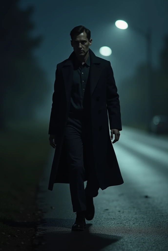 
A human figure on the side of the road at night ,walking slowly,  dark clothing and long jacket , serious expression on his face ,  dark background with distant lights , estilo cinematográfico, hyper-realism, photo realism --ar 9 :16"
