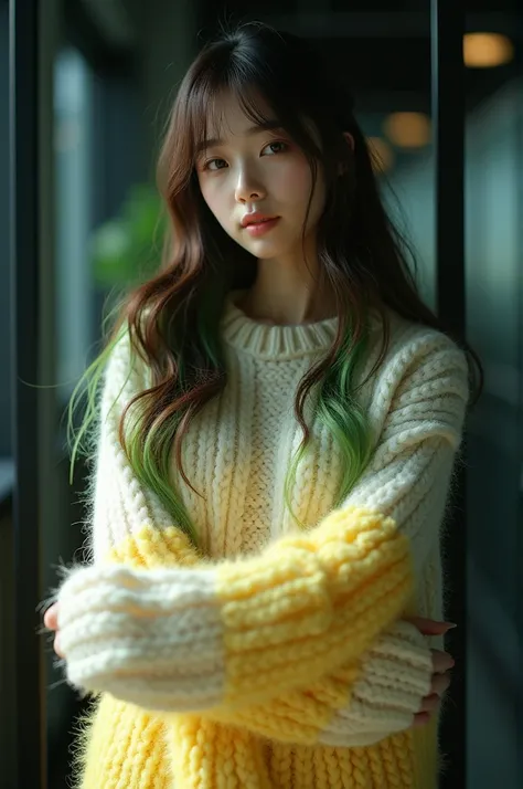 For the cinematic character of a beautiful Korean girl, long emo brown hair with bright green highlights, wearing a soft, furry knitted sweater in cream with yellow gradients that reaches her thighs. She has very big breasts with a size of 1:9, plump breas...