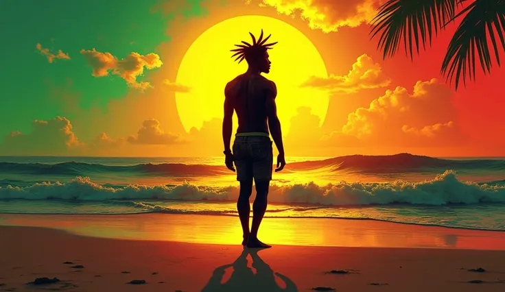 silhouette of a regge mania man on the beach with a rastapara color atmosphere